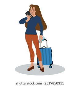 Young Woman Holding Suitcase And Tickets Snaps A Selfie With Her Phone. She Is All Set To Embark On A Journey And Capture Memories. Travel Around the World, Journey, Trip. Cartoon Vector Illustration