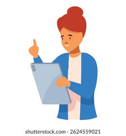 Young woman holding a tablet and pointing up with her finger