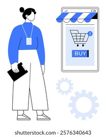 Young woman holding a tablet stands next to a large mobile phone screen displaying a shopping cart and buy button with a storefront awning. Ideal for e-commerce business technology digital marketing