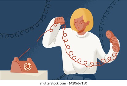 Young woman holding telephone with torn wire. Concept of break up, cessation of communication or connection, disconnect, breaking of unnecessary social ties. Flat cartoon colorful vector illustration.