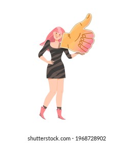 Young Woman Holding Thumb Up Sign as Notification of Approval Vector Illustration