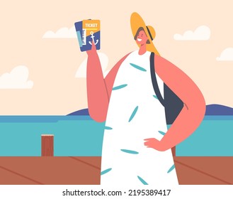Young Woman Holding Ticket for Cruise Liner Stand on Wooden Pier, Female Character Wear Dress, Hat and Backpack with Pass Coupon for Marine Transport. Cartoon People Vector Illustration