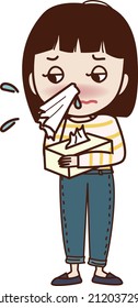  A young woman holding a tissue box and blowing her nose.