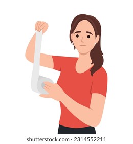 Young woman holding toilet paper roll. Flat vector illustration isolated on white background