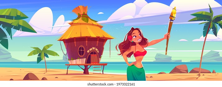 Young woman holding torch on beach with hut, party on tropical island resort. Girl with red flower in hair relaxing at ocean shore with summer shack and palm trees around, Cartoon vector illustration