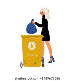 Young Woman Holding Trash Sack of Plastic Waste Near Garbage Container, Girl Throwing Plastic Bag into Trash Bin, People Sorting Waste for Further Processing Vector Illustration