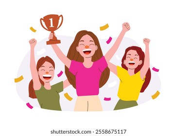 Young woman holding trophy proud and celebrating victory