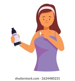 Young woman is holding a tube of lotion and applying it to her upper chest