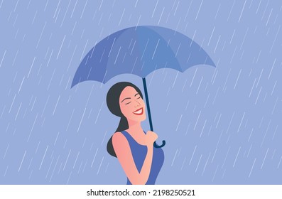 Young woman holding umbrella in raining day, walking under the rain vector illustration
