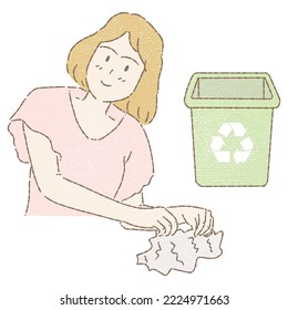 Joven sosteniendo papel usado o tela o basura, preparándose para tirarlo a un basurero de reciclaje. Salven la Tierra. Dibujar a mano la ilustración vectorial del personaje de caricatura plana en textura de lápiz de color.