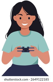 Young woman holding a video game controller. Girl playing game console. Digital entertainment and modern hobby concept.
