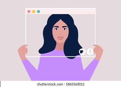 Young woman holding virtual window frames. Illustration of conference video call, video call to a friend, study online, business meeting. Colorful flat vector illustration.