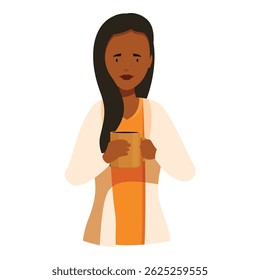 Young woman is holding and warming her hands on a mug filled with a comforting hot beverage