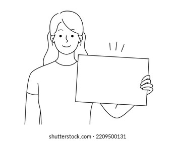 Young woman holding white mockup banner for advertising placement. Happy female with empty placard for ad. Recommendation concept. Vector illustration. 