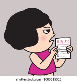 Young Woman Holding White Paper Of Rules. Young Girl Showing Someone To Follow And Obey The Rules Concept Card Character illustration