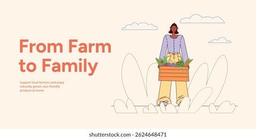 Young Woman Holding Wooden Box with Fresh Vegetables. From Farm to Family Concept. Support Local Farmers, Eco Friendly Organic Produce. Flat Vector Illustration Isolated on Light Background