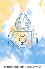 A young woman holds the astrological sign Mercury retrograde in her hands. Outline sketch drawing on a watercolor abstract background.