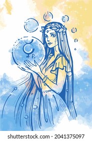 A young woman holds the astrological sign Mercury retrograde in her hands. Outline sketch drawing on a watercolor abstract background.