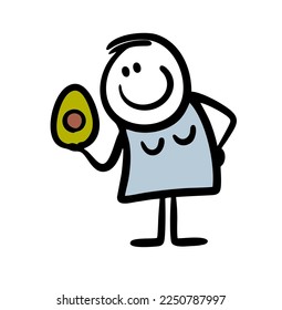 Una joven lleva un aguacate en la mano y piensa en un estilo de vida saludable. Dibujo manual vectorial de un personaje y una fruta.