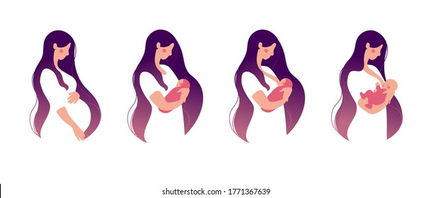 A young woman holds a baby in her arms and breastfeeds. Set for animation about breastfeeding. Flat cartoon design. Vector illustration isolated on a white background