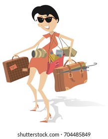 Young woman holds a lot of bags, camera and umbrella isolated. Woman with a big luggage is going to go to a business trip or a travel
