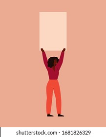 Young woman holds a blank placard above her head. Concept of protest and female's empowerment movement. Vector illustration