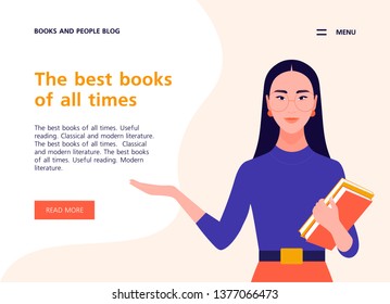 A young woman holds books in her hands. Website template about books, literature and reading. Libraries and bookstores. Vector flat illustration