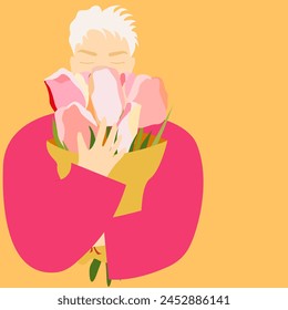 A young woman holds a bouquet of blooming tulips in her hands A modern blonde with a short haircut Vector bright illustration in flat style for Happy Birthday Women's Day and Valentine's Day greetings