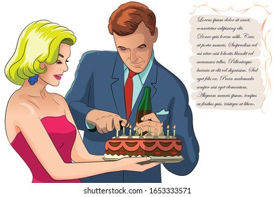 A young woman holds a cake in her hands, and a man sets fire to candles. Vector image with place for text isolated on white background.