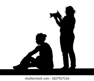 Young woman holds a camera in her hand. Isolated silhouettes of people on a white background