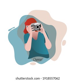 A young woman holds a camera in her hands and takes pictures. Amateur photographer. Vector illustration.