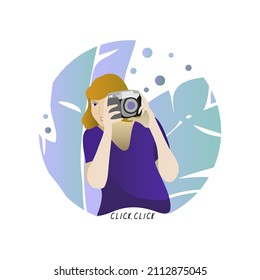 A young woman holds a camera in her hands and takes pictures. Amateur photographer. Vector illustration on the floral background. Photographer day theme.