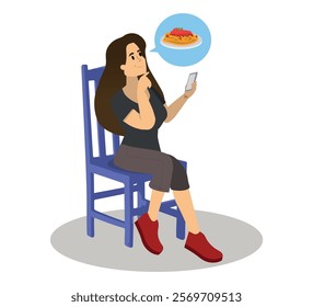 young woman holds a cell phone thinking about ordering food for delivery, delivery app, vector illustration isolated on white background.