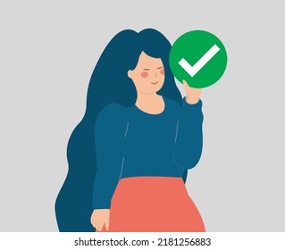 Young woman holds a circle with accept mark. Activist supports an idea and agrees with it by saying YES. Voting concept. Vector illustration.
