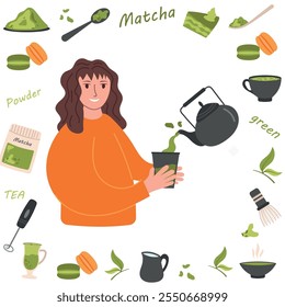 A jovem segura uma xícara de chá em suas mãos. Ilustração vetorial do chá de Matcha, quadro com atributos do chá, mulher jovem, folhas de chá.