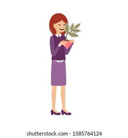 Young woman holds a domestic plant. Vector illustration