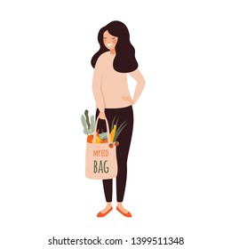 Young woman holds eco cotton bag full of Fresh vegetables in her hands . Zero waste vector illustration