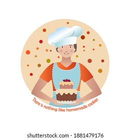 A young woman holds a festive cake in her hands. Vector concept of greeting carg illustration. New Year, birthday, wedding, party, celebration. Template for your holiday design.
