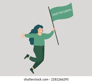 Young woman Holds a flag that says save the earth. Teenage girl campaigning to protect planet earth. Green ecology, environment protection and energy saving concept. Vector stock. 