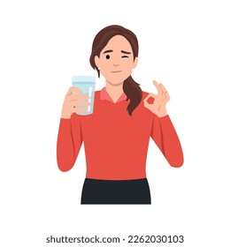 Young woman holds a glass of water in his hand with ok sign and wink. The concept of water balance and health. Vector flat illustration. Flat vector illustration isolated on white background