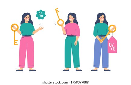 Young woman holds the golden key with a discount offer tag with a percentage sign. Happy female buyer holds the key to their purchase. Vector illustration