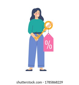 Young woman holds the golden key with a discount offer tag with a percentage sign. Happy female buyer holds the key to their purchase. Vector illustration