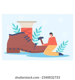 Young woman holds hammer and sits near the boot. Tailoring and shoe repair. Shoe sole replacement concept. Shoemaker profession concept. Flat vector illustration in cartoon style