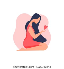 Young woman holds a heart in her hands. Romantic character. Vector illustration in flat style.