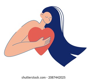 Young Woman holds the heart in her hands. Love yourself concept. Mental health, body positive, self care, women's day card with cute girl. Modern flat vector illustration. 