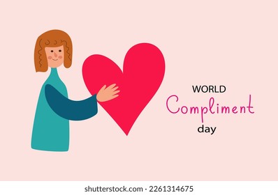 Young woman holds a heart in his hands, compliment day, celebrating Valentine's day poster modern flat vector illustration