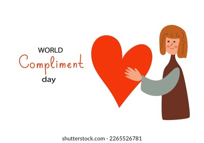 Young woman holds a heart in his hands, compliment day, celebrating Valentine's day poster modern flat vector illustration