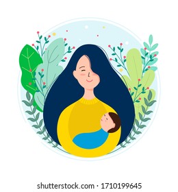 A young woman holds in her arms a baby.Vector flat illustration for mother's day. Logo for a children's goods store, for a center for mother and baby.