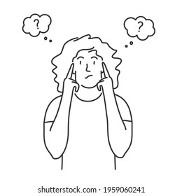 Young woman holds her fingers at the temples, looks and thinks. Hand drawn vector illustration.
