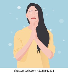 A young woman holds her hands in prayer for blessings from the sacred things to make her and her family happy. Vector illustration concept of hope, encouragement or a miracle.